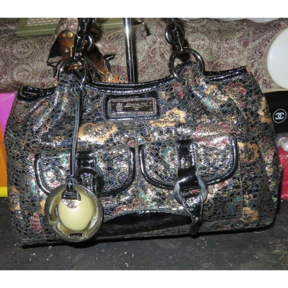 Sharif 1827 Black Metallic Floral Python Embossed Italian Leather Charm Satchel - Picture 1 of 16